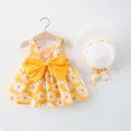 Summer 2/Piece Set Of Baby Girl Dress Hat Girl'S Big Bow Casual Cotton Print Cute Round Neck Sleeveless Dress