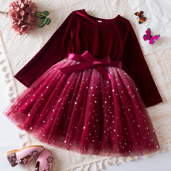 Baby Girls Long Sleeve Dress Star Sequin Princess Dress Children Birthday Party Casual Clothing Kids Christmas Dresses for Girls