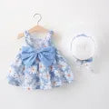 Summer 2/Piece Set Of Baby Girl Dress Hat Girl'S Big Bow Casual Cotton Print Cute Round Neck Sleeveless Dress