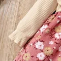 PatPat 2pcs Baby Ribbed Ruffle Long-sleeve Splicing Floral Print Corduroy Dress Set Soft and Comfortable Basic Style