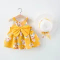 Summer 2/Piece Set Of Baby Girl Dress Hat Girl'S Big Bow Casual Cotton Print Cute Round Neck Sleeveless Dress