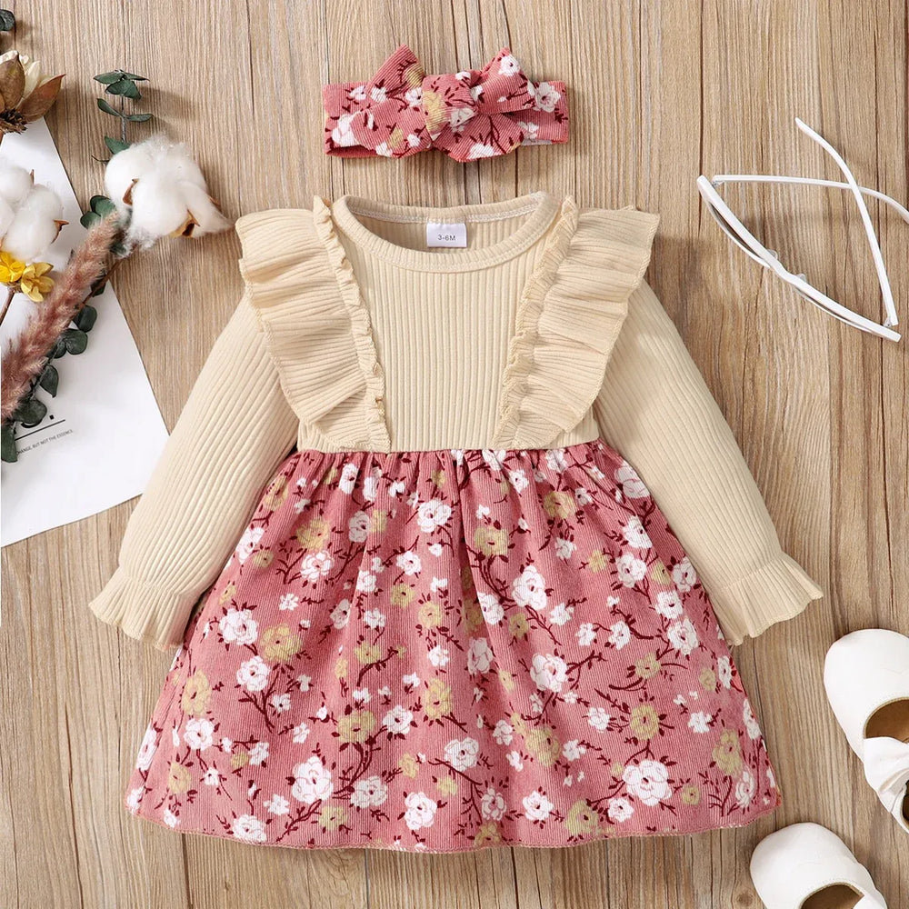 PatPat 2pcs Baby Ribbed Ruffle Long-sleeve Splicing Floral Print Corduroy Dress Set Soft and Comfortable Basic Style